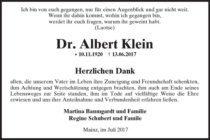  Traueranzeige für Albert Klein vom 29.07.2017 aus Trauerportal Rhein Main Presse