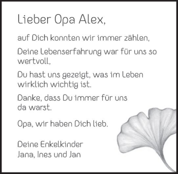 Traueranzeige von Alex  von Trauerportal Rhein Main Presse
