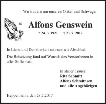 Traueranzeige von Alfons Genswein von Trauerportal Echo Online