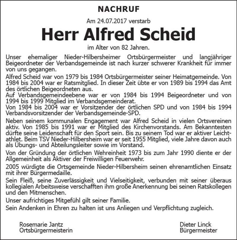  Traueranzeige für Alfred Scheid vom 29.07.2017 aus Trauerportal Rhein Main Presse