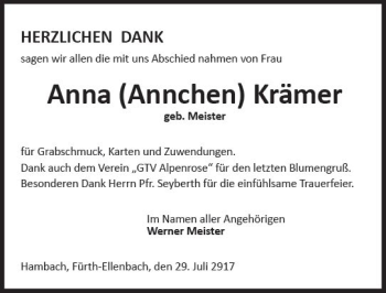 Traueranzeige von Anna Annchen Krämer von Trauerportal Echo Online