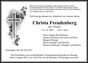 Traueranzeige von Christa Freudenberg von  Gießener Anzeiger