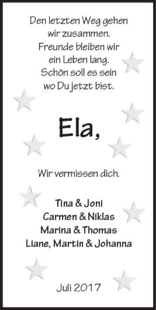  Traueranzeige für Ela  vom 29.07.2017 aus  Kreisanzeiger