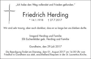 Traueranzeige von Friedrich Herding von Trauerportal Rhein Main Presse