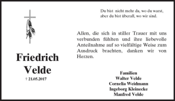 Traueranzeige von Friedrich Velde von Trauerportal Rhein Main Presse