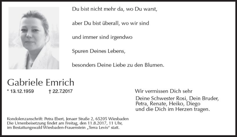  Traueranzeige für Gabriele Emrich vom 29.07.2017 aus Trauerportal Rhein Main Presse