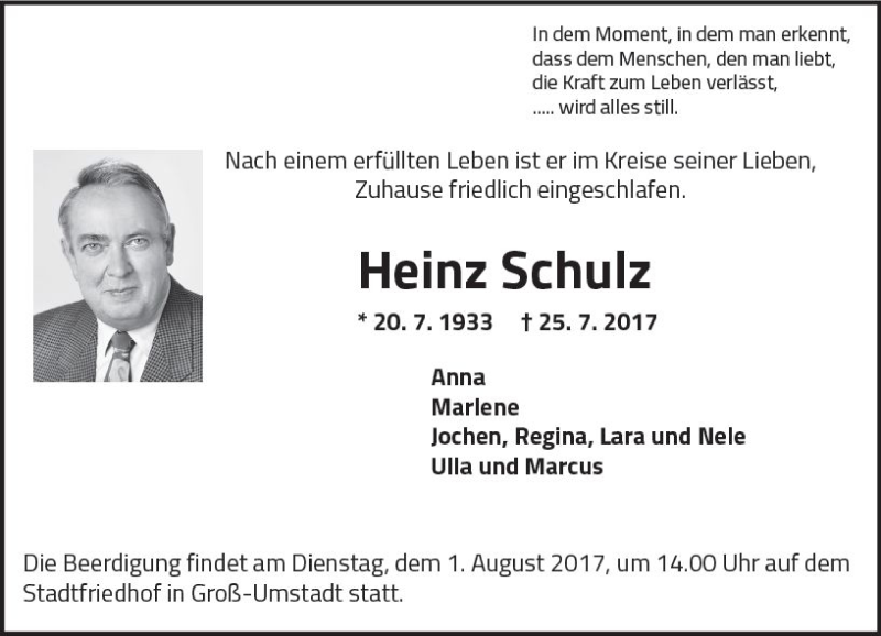 Traueranzeigen von Heinz Schulz www.vrmtrauer.de
