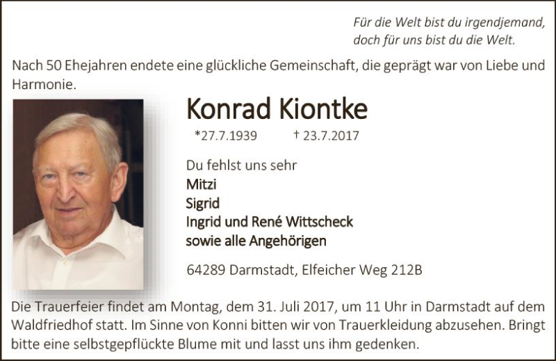  Traueranzeige für Konrad Kiontke vom 29.07.2017 aus Trauerportal Echo Online