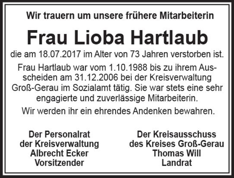  Traueranzeige für Lioba Hartlaub vom 28.07.2017 aus Trauerportal Echo Online
