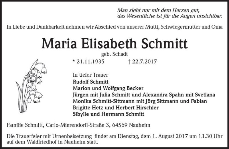  Traueranzeige für Maria Elisabeth Schmitt vom 29.07.2017 aus Trauerportal Rhein Main Presse