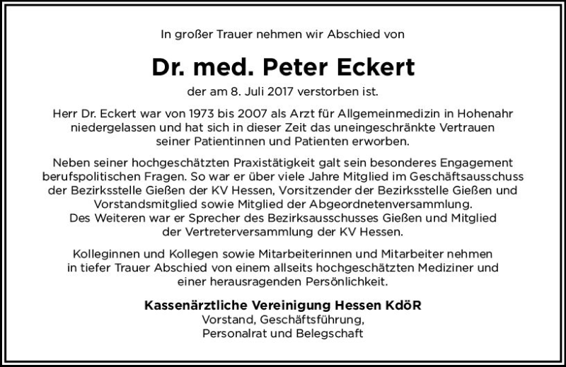  Traueranzeige für Peter Eckert vom 28.07.2017 aus  Gießener Anzeiger