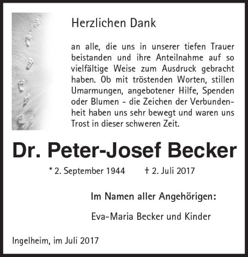  Traueranzeige für Peter-Josef Becker vom 29.07.2017 aus Trauerportal Rhein Main Presse