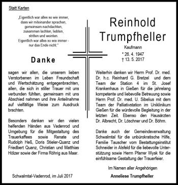 Traueranzeige von Reinhold Trumpfheller von VRM Trauer