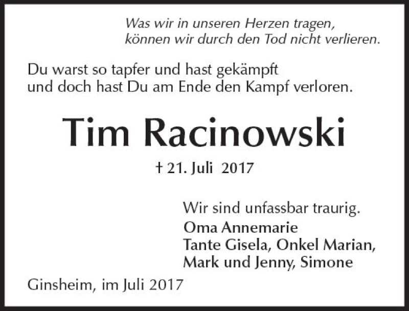  Traueranzeige für Tim Racinowski vom 29.07.2017 aus Trauerportal Rhein Main Presse