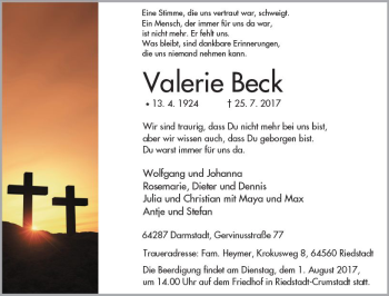 Traueranzeige von Valerie Beck von Trauerportal Echo Online