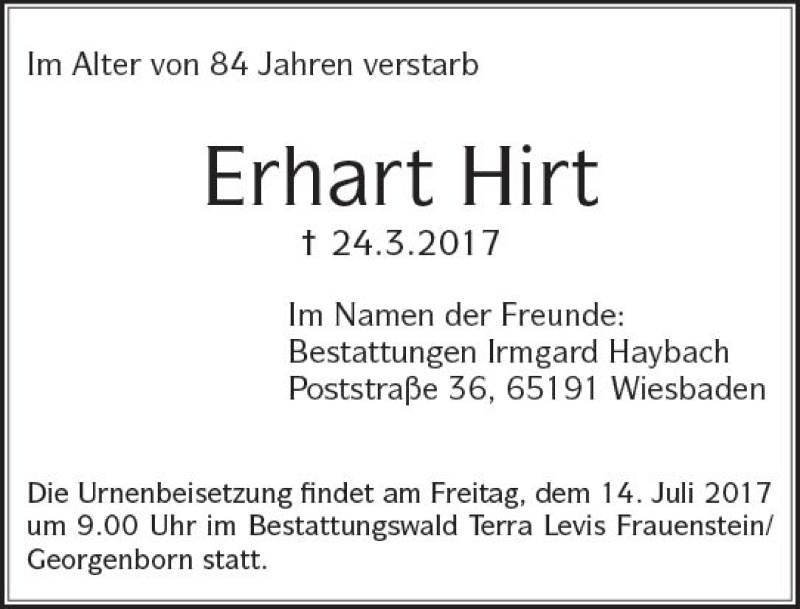  Traueranzeige für Erhart Hirt vom 08.07.2017 aus Trauerportal Rhein Main Presse