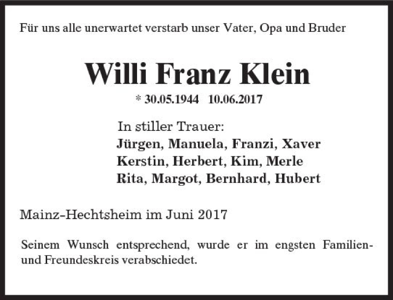  Traueranzeige für Willi Franz Klein vom 01.07.2017 aus Trauerportal Rhein Main Presse