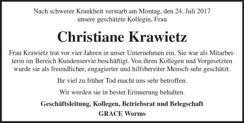  Traueranzeige für Christiane Krawietz vom 26.07.2017 aus Trauerportal Rhein Main Presse