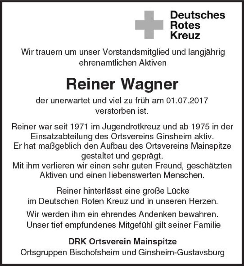  Traueranzeige für Reiner Wagner vom 05.07.2017 aus Trauerportal Echo Online