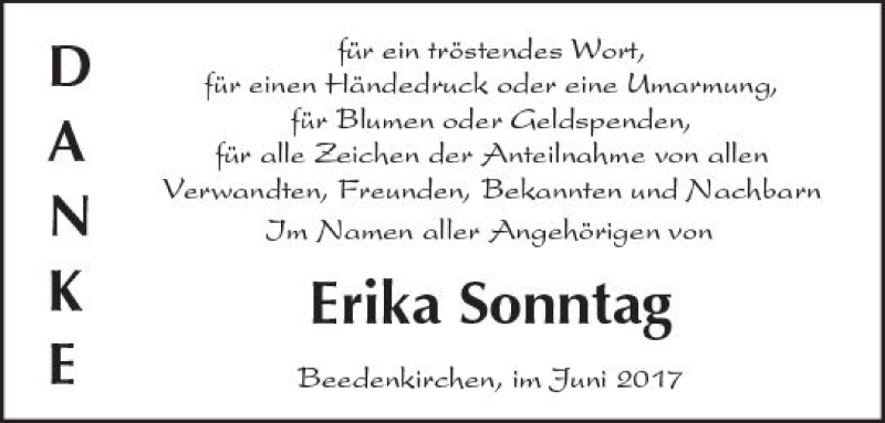  Traueranzeige für Erika Sonntag vom 01.07.2017 aus Trauerportal Echo Online