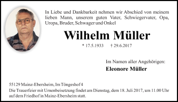 Traueranzeige von Wilhelm Müller von Trauerportal Rhein Main Presse