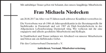 Traueranzeige von Michaela Niedecken von Trauerportal Echo Online