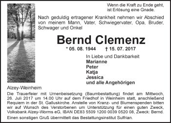 Traueranzeige von Bernd Clemenz von Trauerportal Rhein Main Presse