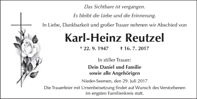  Traueranzeige für Karl-Heinz Reutzel vom 22.07.2017 aus  Kreisanzeiger