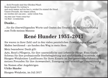 Traueranzeige von Rene Hunder von Trauerportal Rhein Main Presse