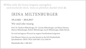 Traueranzeige von Irina Miltenburger von Trauerportal Echo Online