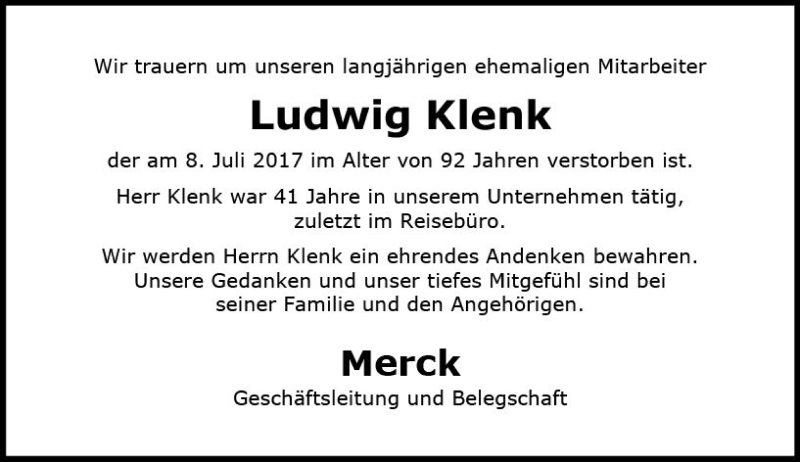  Traueranzeige für Ludwig Klenk vom 19.07.2017 aus Trauerportal Echo Online