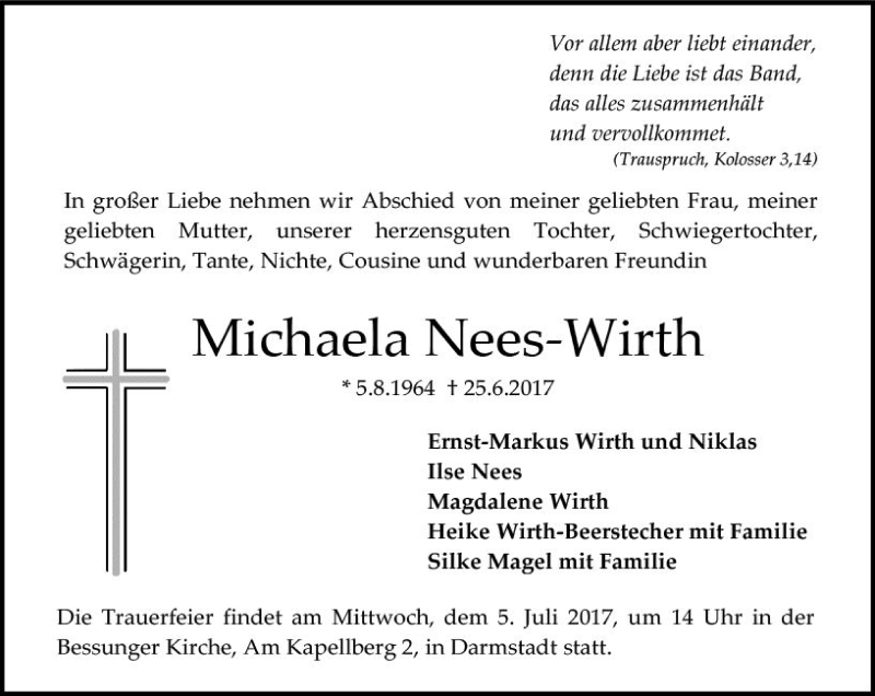  Traueranzeige für Michaela Nees-Wirth vom 01.07.2017 aus Trauerportal Echo Online