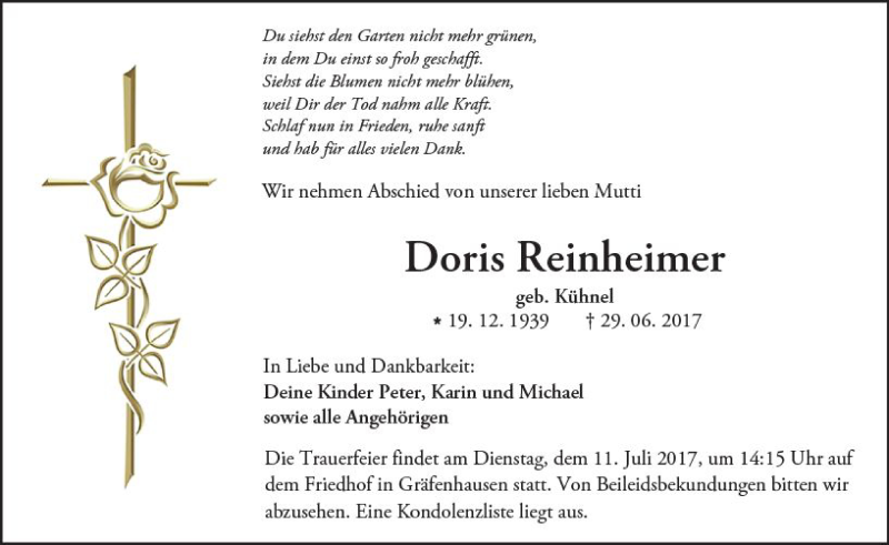  Traueranzeige für Doris Reinheimer vom 08.07.2017 aus Trauerportal Echo Online