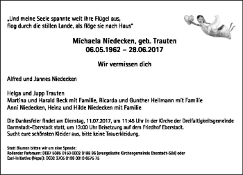 Traueranzeige von Michaela Niedecken von Trauerportal Echo Online