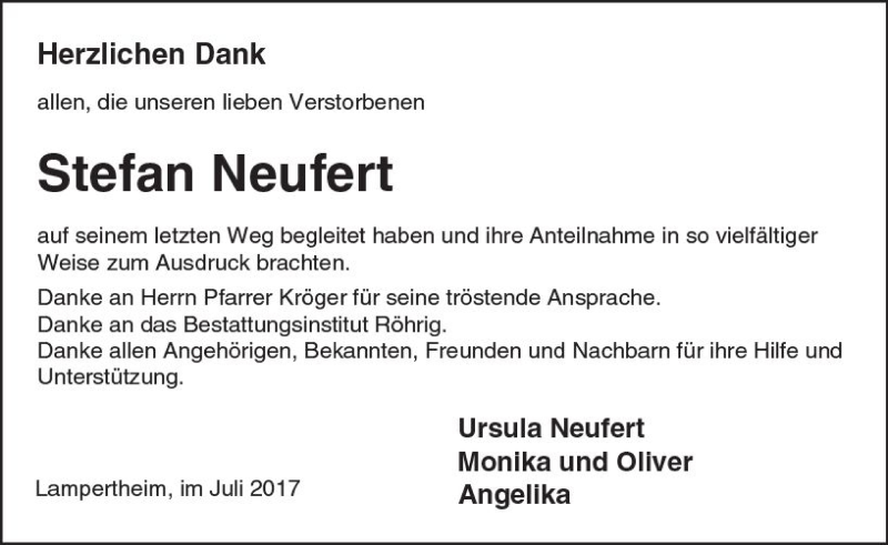  Traueranzeige für Stefan Neufert vom 08.07.2017 aus Trauerportal Echo Online