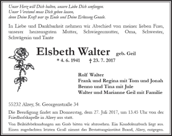 Traueranzeige von Elsbeth Walter von Trauerportal Rhein Main Presse