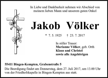 Traueranzeige von Jakob Völker von Trauerportal Rhein Main Presse