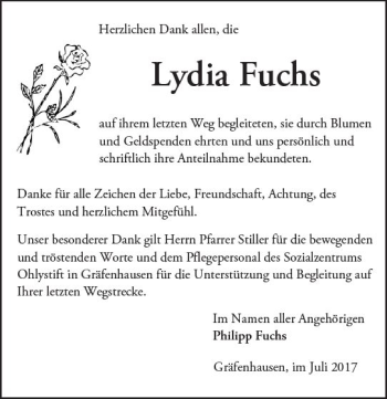 Traueranzeige von Lydia Fuchs von Trauerportal Echo Online