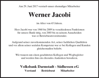 Traueranzeige von Werner Jacobi von Trauerportal Echo Online