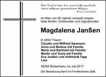 Traueranzeige von Magdalena Janßen von Trauerportal Rhein Main Presse