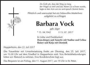 Traueranzeige von Barbara Vock von Trauerportal Echo Online
