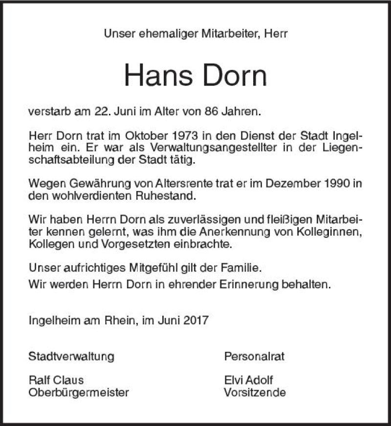  Traueranzeige für Hans Dorn vom 01.07.2017 aus Trauerportal Rhein Main Presse