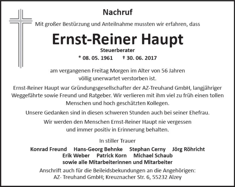  Traueranzeige für Ernst-Reiner Haupt vom 08.07.2017 aus Trauerportal Rhein Main Presse