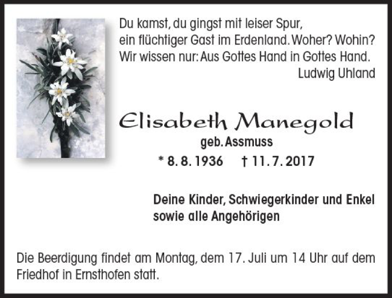  Traueranzeige für Elisabeth Manegold vom 15.07.2017 aus Trauerportal Echo Online
