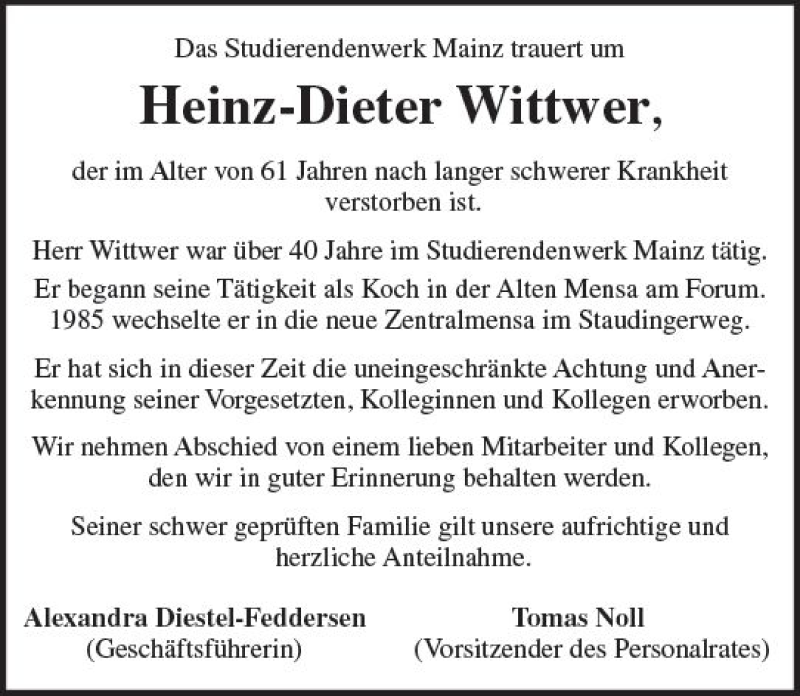  Traueranzeige für Heinz-Dieter Wittwer vom 22.07.2017 aus Trauerportal Rhein Main Presse