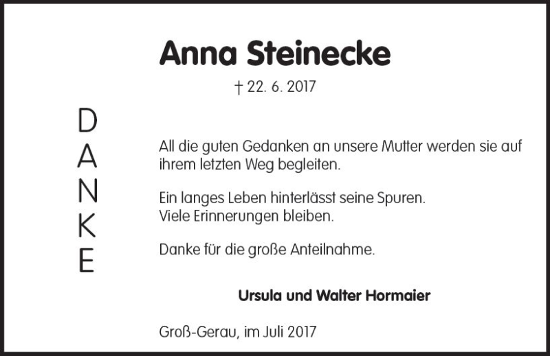  Traueranzeige für Anna Steinecke vom 19.07.2017 aus Trauerportal Echo Online