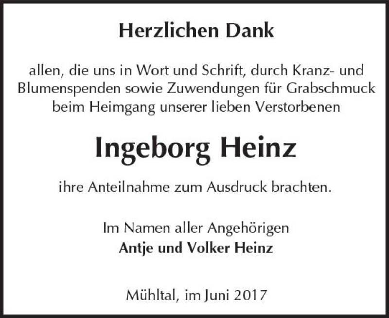  Traueranzeige für Ingeborg Heinz vom 01.07.2017 aus Trauerportal Echo Online