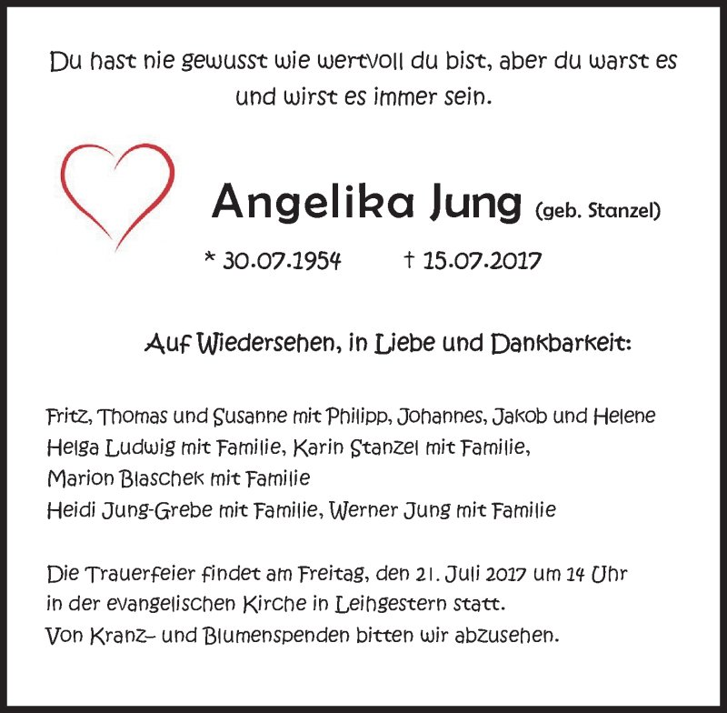  Traueranzeige für Angelika Jung vom 19.07.2017 aus  Gießener Anzeiger