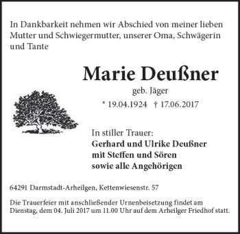 Traueranzeige von Marie Deußner von Trauerportal Echo Online