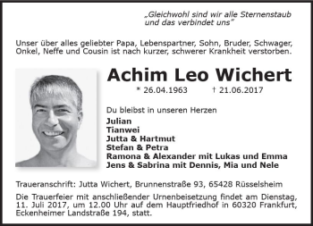 Traueranzeige von Achim Leo Wichert von Trauerportal Rhein Main Presse